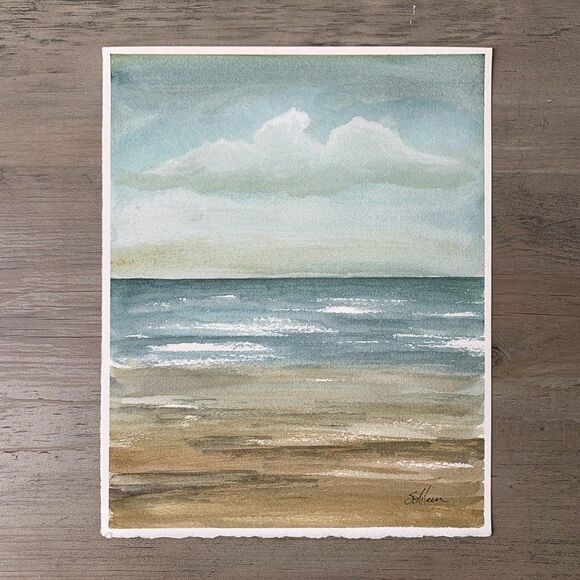 Original Watercolor Seascape Painting Moody Landscape Muted Coastal 8x10 Signed - Picture 2 of 2